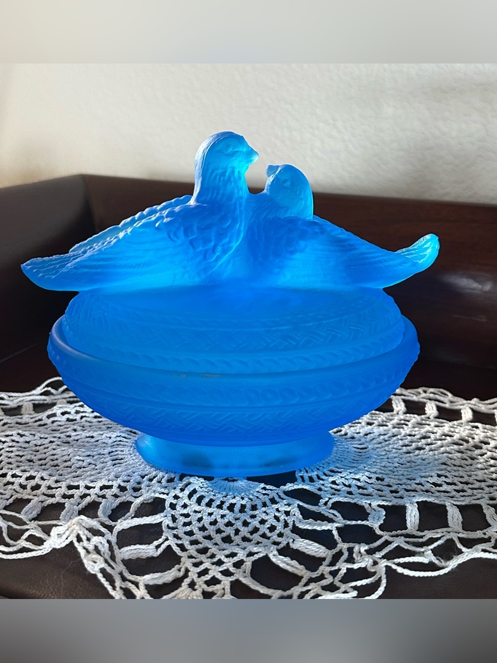 Westmoreland Glass Love Birds on Nest Covered Candy Dish Blue Satin Mist
